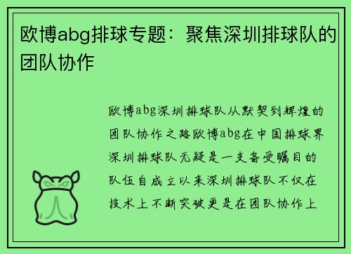 欧博abg排球专题：聚焦深圳排球队的团队协作
